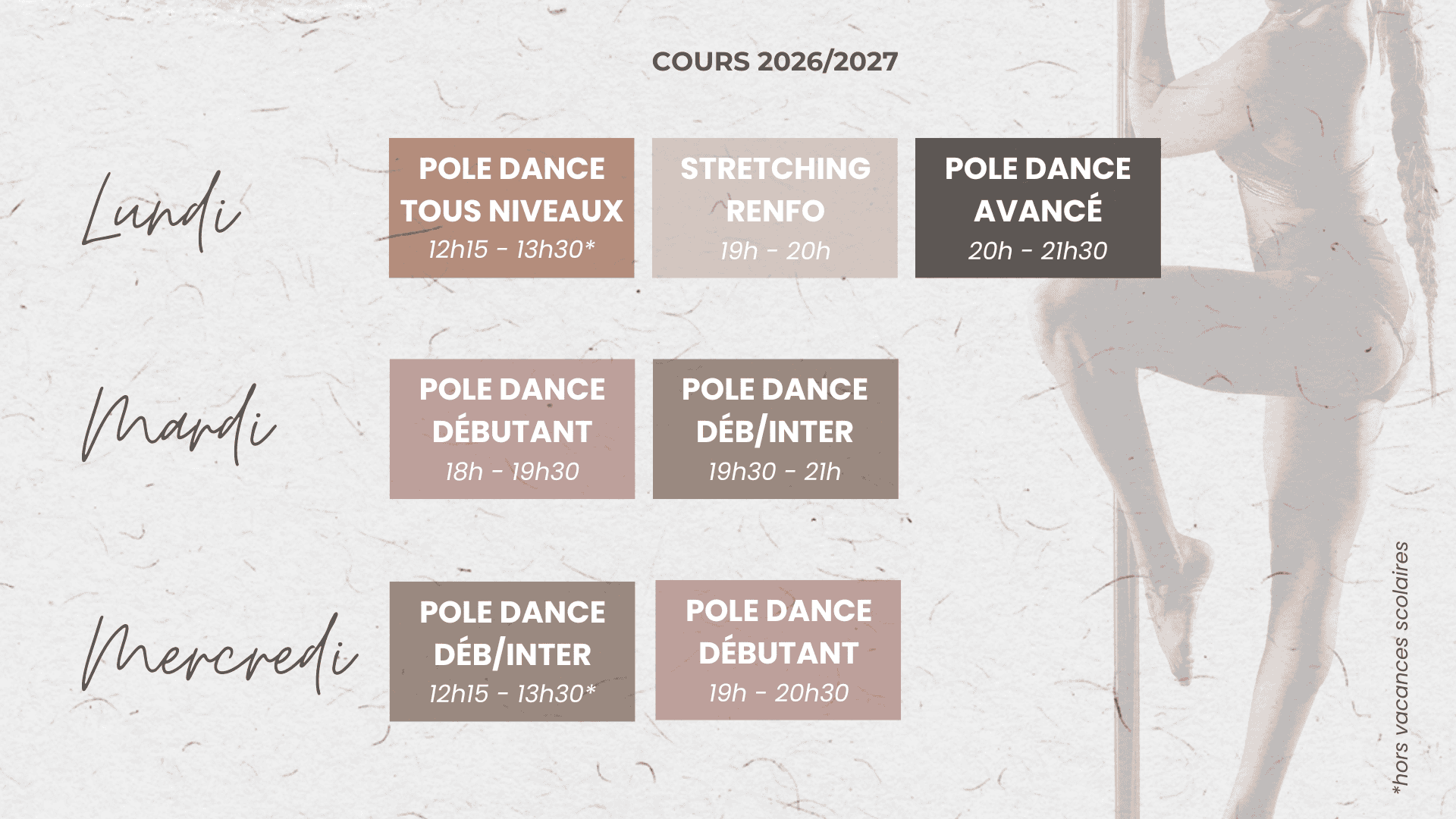 planning des cours de pole dance du lundi au mercredi toulouse